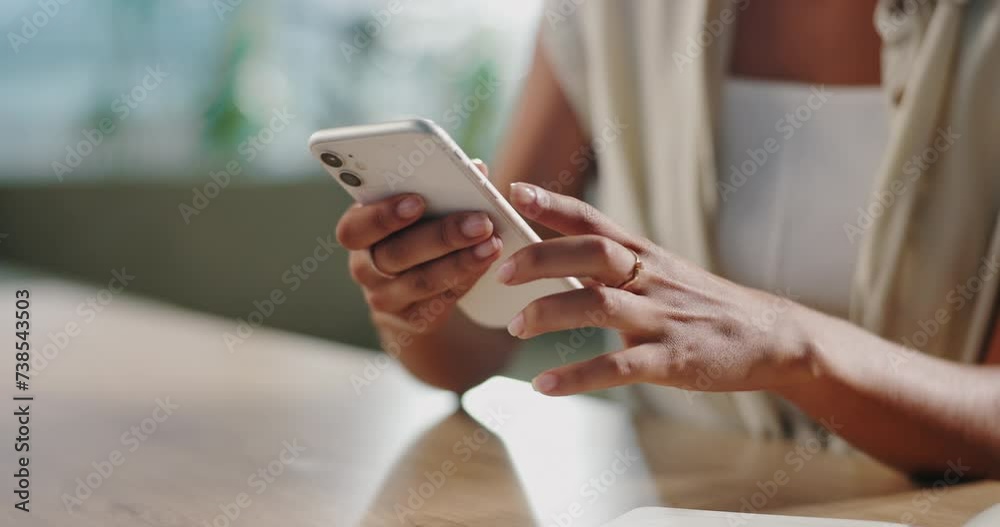 Poster hands, closeup and woman with a smartphone, typing and internet with social media and connection. pe