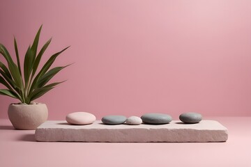 Obraz na płótnie Canvas empty platform for product layout, spa stones on the background, pink background