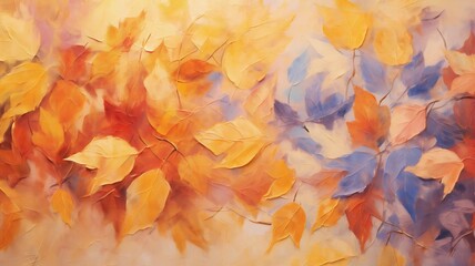 Naklejka na ściany i meble Abstract oil painting of colorful leaves in orange, red, yellow. Illustration hand painted, autumn nature, autumn season.