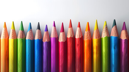 A collection of colored pencils in various colors. They are arranged in a row on a white background.