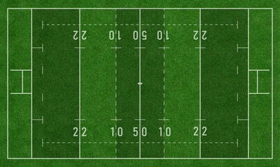 Green Rugby Field or Rugby Union Football Field Top View with Realistic Grass Texture and Mowing Pattern, Realistic Rugger Rugby Football Pitch - obrazy, fototapety, plakaty