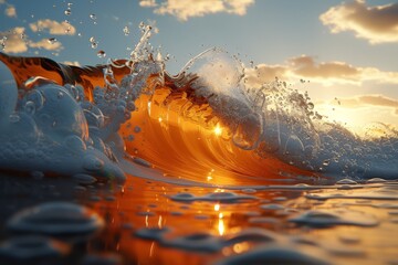 A high-resolution image capturing a golden wave breaking at sunset.