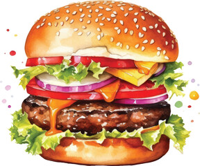 hamburger watercolor illustration isolated on white transparent background.