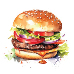 hamburger watercolor illustration isolated on white transparent background.
