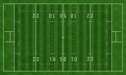 Green Rugby Field or Rugby Union Football Field Top View with Realistic Grass Texture and Mowing...