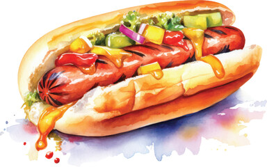 hot dog with mustard watercolor Illustration for greeting cards, printing and other design projects.