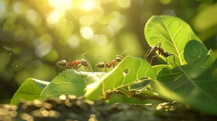 Team of ants collaborating and communicating on a green leaf in their natural habitat. - obrazy, fototapety, plakaty