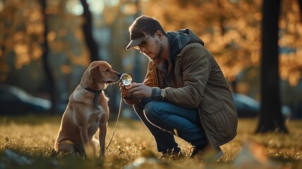 A man in autumn engaging in a playful learning activity with his dog using a magnifying glass.