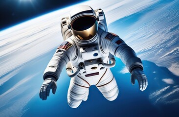 Conceptual creative work featuring a businessman in a spacesuit flying in the skies. Astronomy, art, dreams, astronautics, and the Day of Human Space Flight are all concepts. creative thinking  - obrazy, fototapety, plakaty
