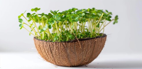 Sprouts in a coconut shell on a white background. The concept of sustainable gardening and green growth.