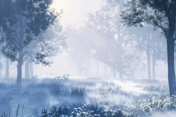 White misty forest dreamy landscape