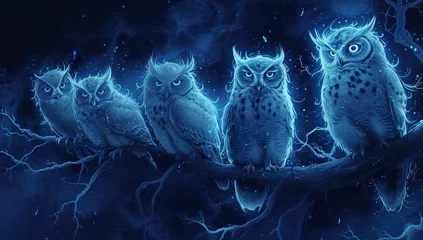 Velvet curtains Owl Cartoons Owls on a branch in blue tones. The concept of a mystical and mysterious night.