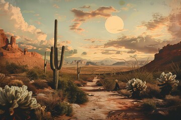 Digital artwork depicting a surreal desert landscape with towering cacti, a winding path, and a large moon in a dramatic sky.