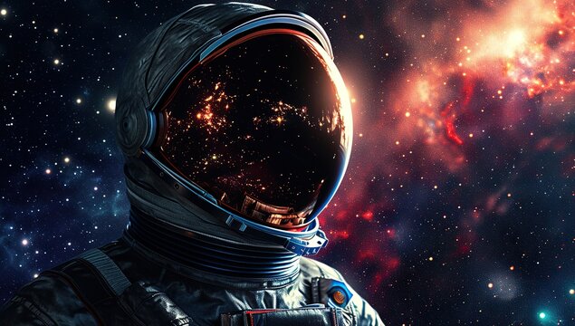 Astronaut with the reflection of the starry sky in the visor. The concept of cosmic infinity.