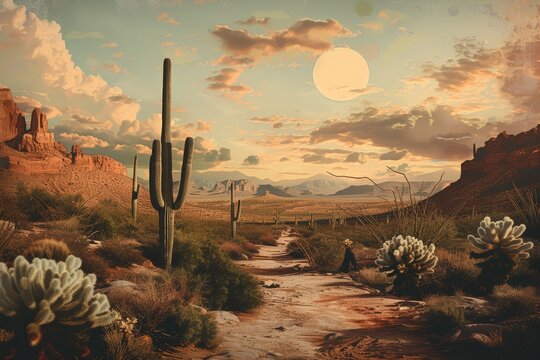 Digital artwork depicting a surreal desert landscape with towering cacti, a winding path, and a large moon in a dramatic sky.