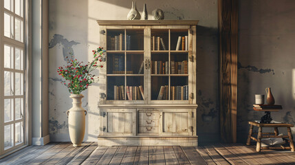 Fototapeta na wymiar Cabinet with books and vases