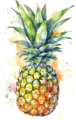 pineapple watercolor illustration isolated on white transparent background.