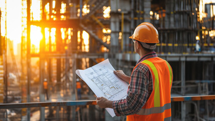 A construction supervisor, back to the camera, reviews architectural plans on a building site against the backdrop of a vivid sunset and towering cranes.
