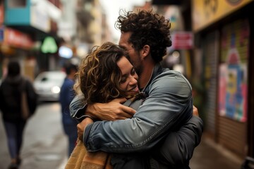 Intimate couple hugging on a bustling urban street with soft focus background.
