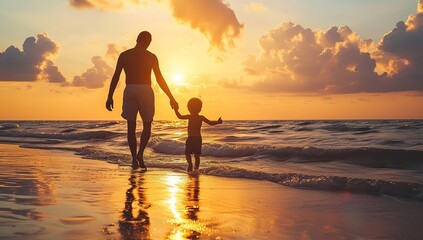 Father and child walking on the beach at sunset. The concept of family bonds and upbringing.