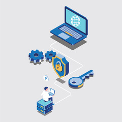 A person operating data security  and data centre protection. vector illustration