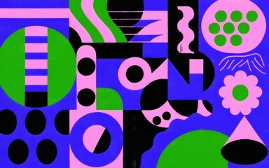 1990s-themed scene with lively abstract shapes, capturing the essence of the decade in vibrant tones of blue, purple, and lime green.