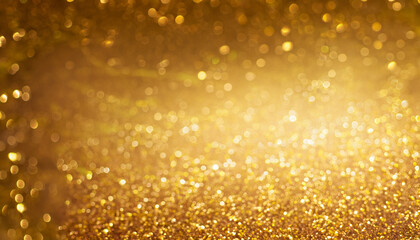 Abstract sparkle background template gold color banner with copy space. Christmas blur glitter bokeh gold festive backdrop. blurred texture sparkling magical dust