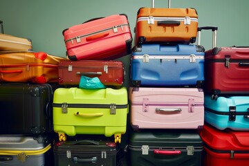 A vibrant collection of various colorful suitcases stacked in an organized pile.