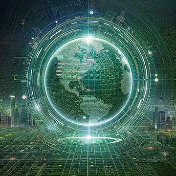 The image features a digital globe spinning on a dark background. The globe is illuminated by a series of lights, and there are light beams emanating from the globe itself. The background has a citysc