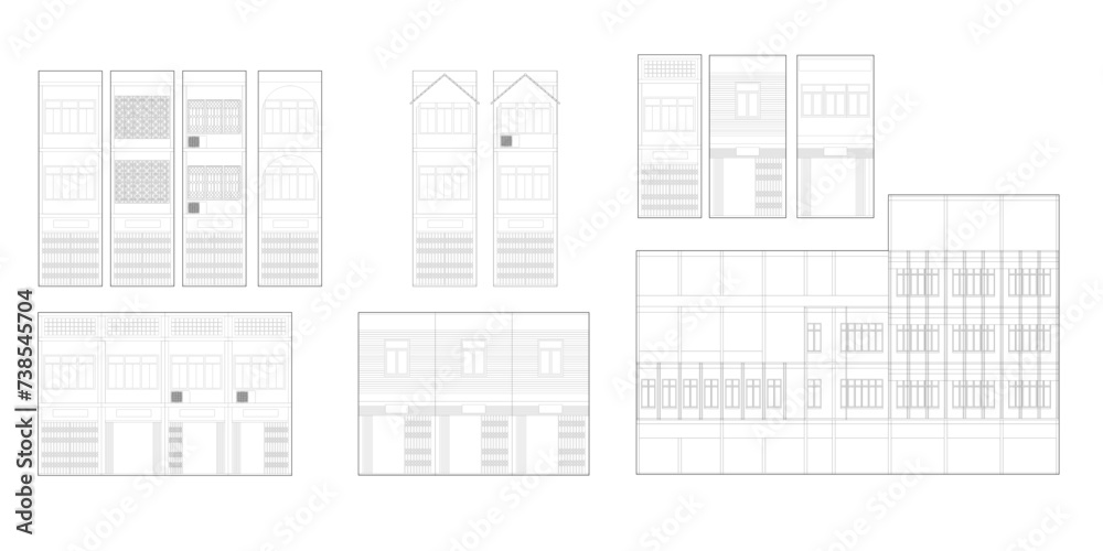 Poster row house, building, architectural drawings, minimal style cad building line drawing, side view, set