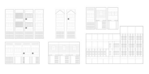 Row house, building, Architectural Drawings, Minimal style cad building line drawing, Side view, set of graphics trees elements outline symbol for landscape design drawing. Vector illustration - obrazy, fototapety, plakaty