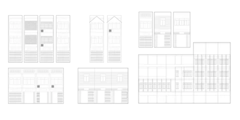 Stof per meter Row house, building, Architectural Drawings, Minimal style cad building line drawing, Side view, set of graphics trees elements outline symbol for landscape design drawing. Vector illustration © feipco