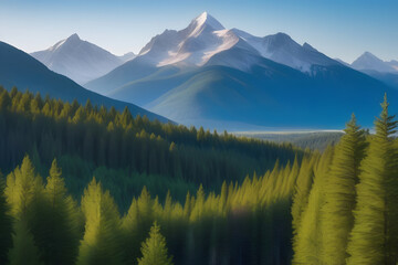 A Painting of a Forest With Mountains