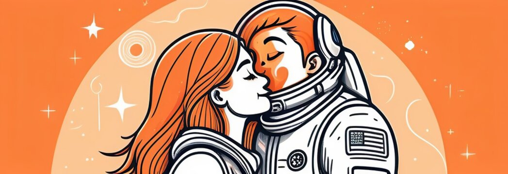 Kiss of an astronaut and his girlfriend. Illuminated by sunlight orange light. Cosmonautics Day. first manned flight into space.