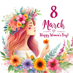 Greeting card for International Women's Day on March 8th in watercolor style. Generative AI.