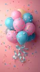 Assorted pastel balloons with confetti on a pink backdrop for celebrations.