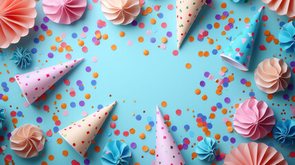 Fototapeta premium Party hats, confetti, and meringues on a blue background with birthday celebration theme.