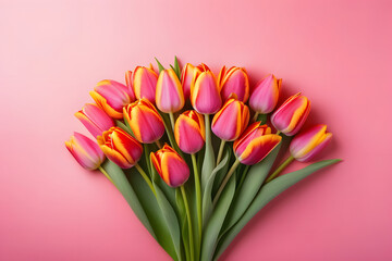 Fototapeta premium Bouquet of Pink and Yellow Tulips on Pink Background