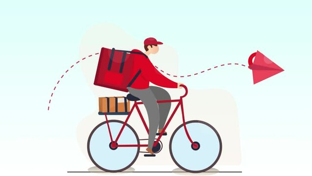 people in delivery service with bicycle package concept animation