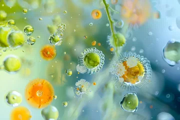 Tuinposter Stock photo of tiny microorganisms in pond water, showcasing biodiversity in a drop, educational use. © JewJew