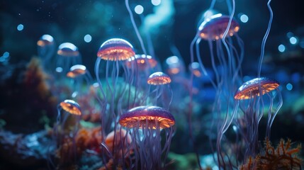 Fototapeta na wymiar Jellyfishs in the ocean with bright lights. Generative AI.