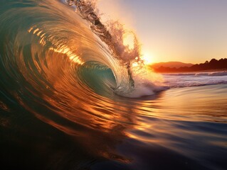 A wave breaking on the shore at sunset. Generative AI.