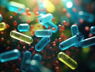 A group of colorful pills floating in the air. Generative AI.