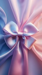 Pastel pink and blue fabric bow with soft folds and a silky texture.