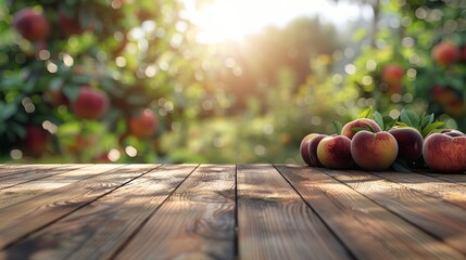 Empty rustic old wooden board table copy space with peach trees or an orchard in the background. Some ripe fruits are on the desk. Product display template. - obrazy, fototapety, plakaty