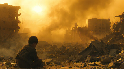 In the shadow of war, a child sits amidst the chaos, innocent eyes witnessing a world disrupted. Let's strive for a future where every child can grow in peace and hope.