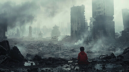 In the shadow of war, a child sits amidst the chaos, innocent eyes witnessing a world disrupted. Let's strive for a future where every child can grow in peace and hope. - obrazy, fototapety, plakaty