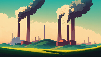 Illustration of factory in nature landscape with big chimney smoke, air pollution. Sustainability, industry, manufacturing, emission concept. ai generated.	