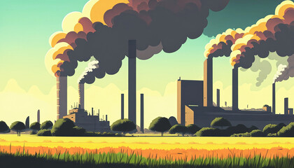 Illustration of factory in nature landscape with big chimney smoke, air pollution. Sustainability, industry, manufacturing, emission concept. ai generated.	
