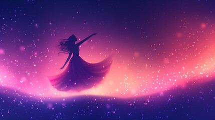A ballerina dancing with fireflies against the crescent moon, digital art style, illustration painting. generative ai